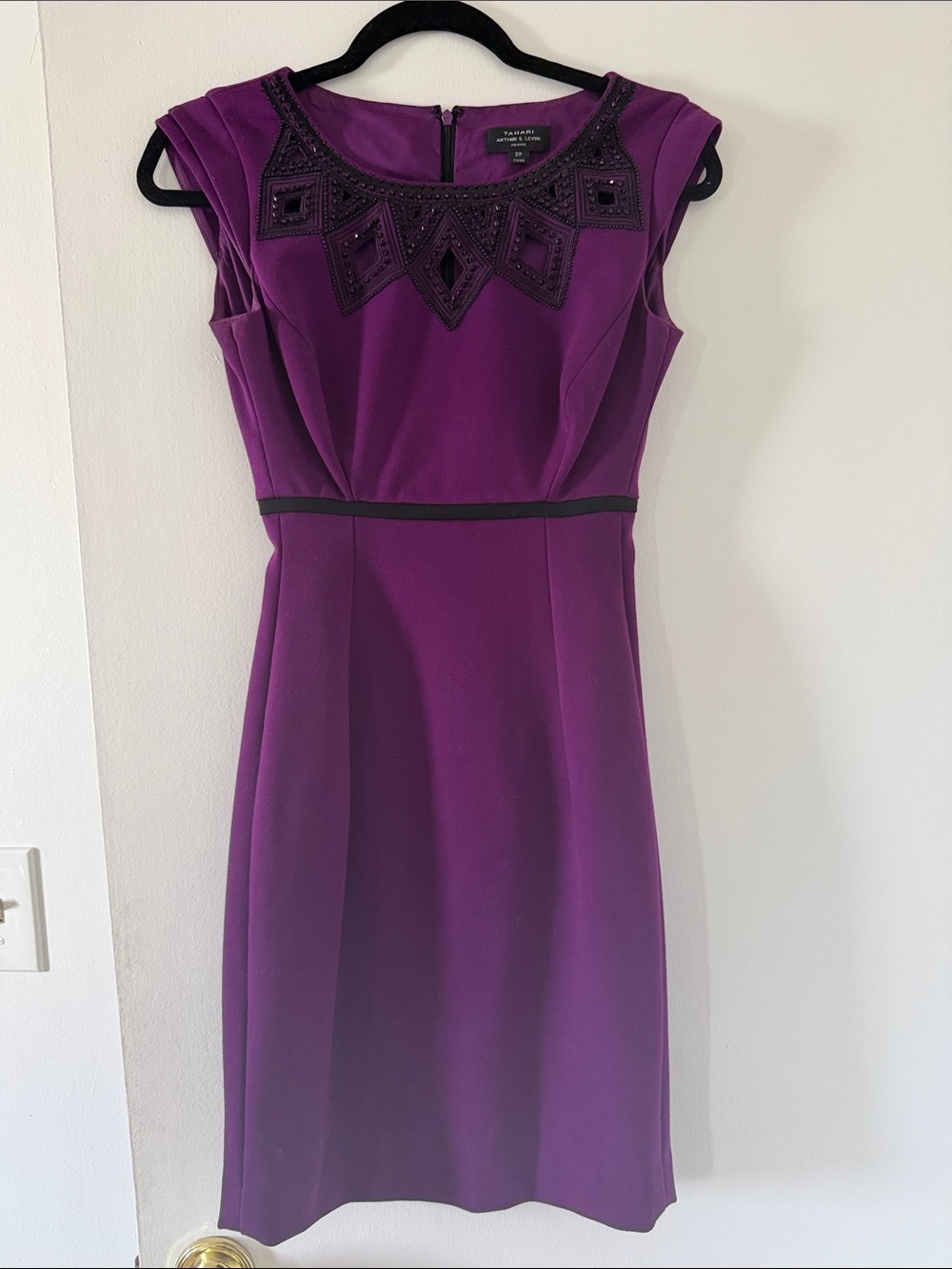 Tahari Purple Beaded Neck Midi Dress